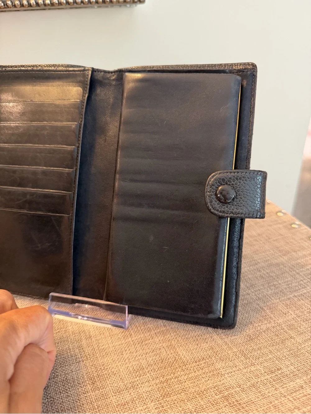 CHANEL EUC Black Quilted Caviar Leather Long Wallet with CC Motif
